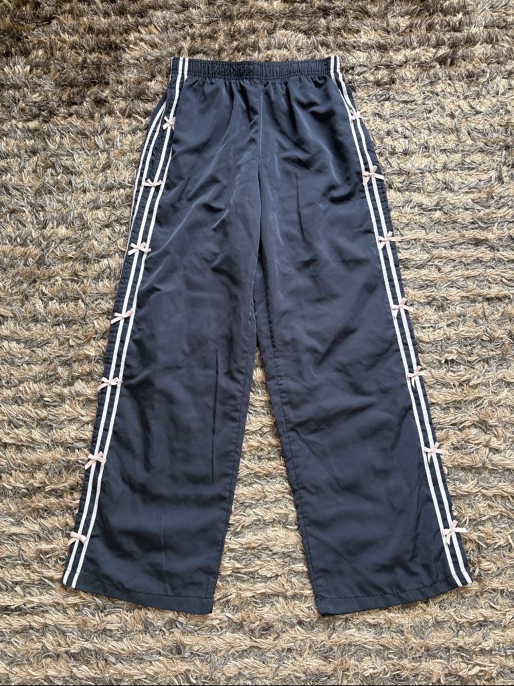 Wide Straight Leg Navy Pants with White Side Tape and Pink Bow Detail Size S New